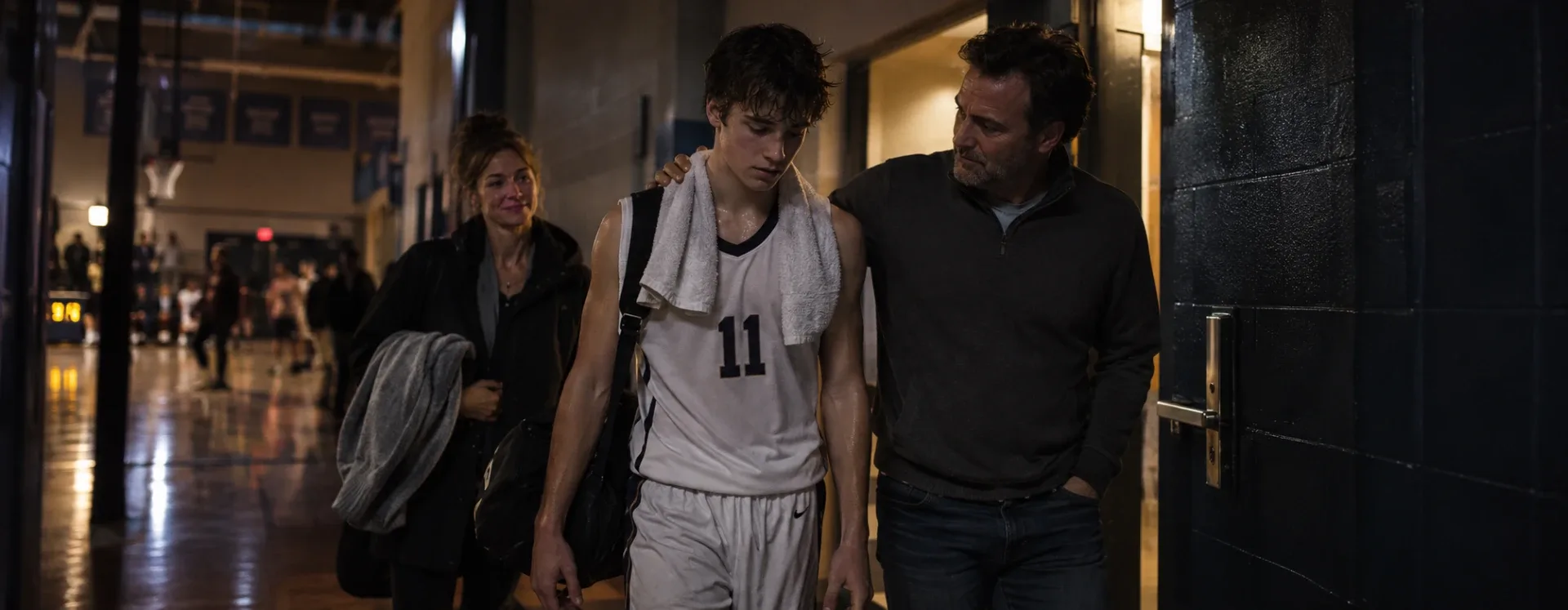 Young player with both parents in the hallway after a game