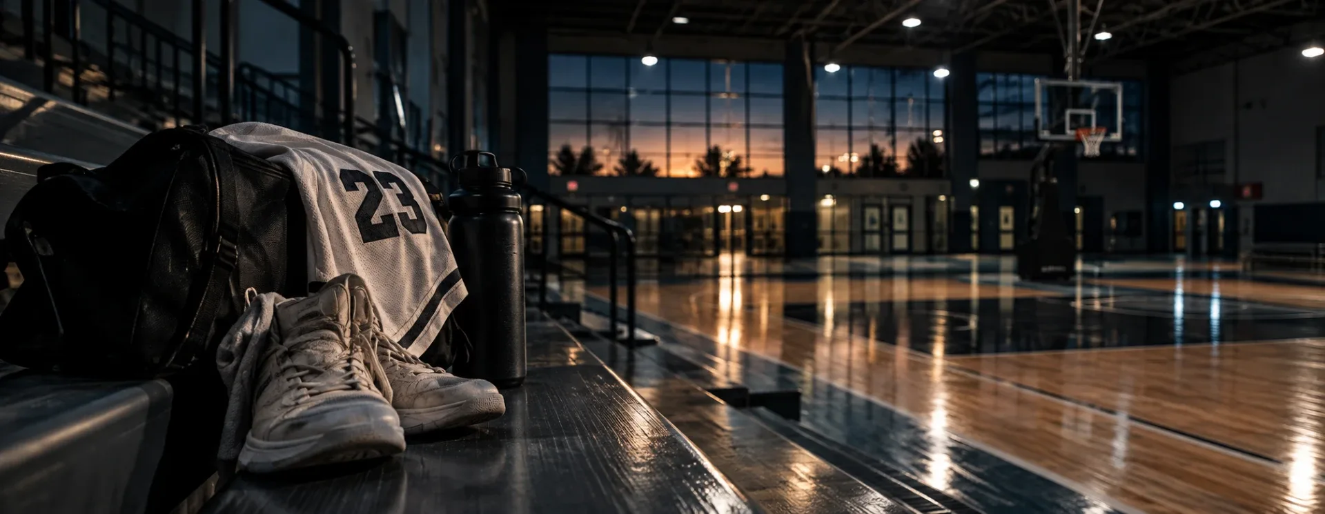 Sports bag, jersey, and sneakers on an empty locker-room bench at sunset