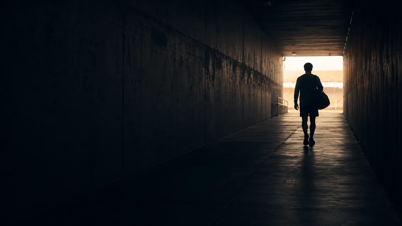 Athlete walking through the stadium tunnel toward the field