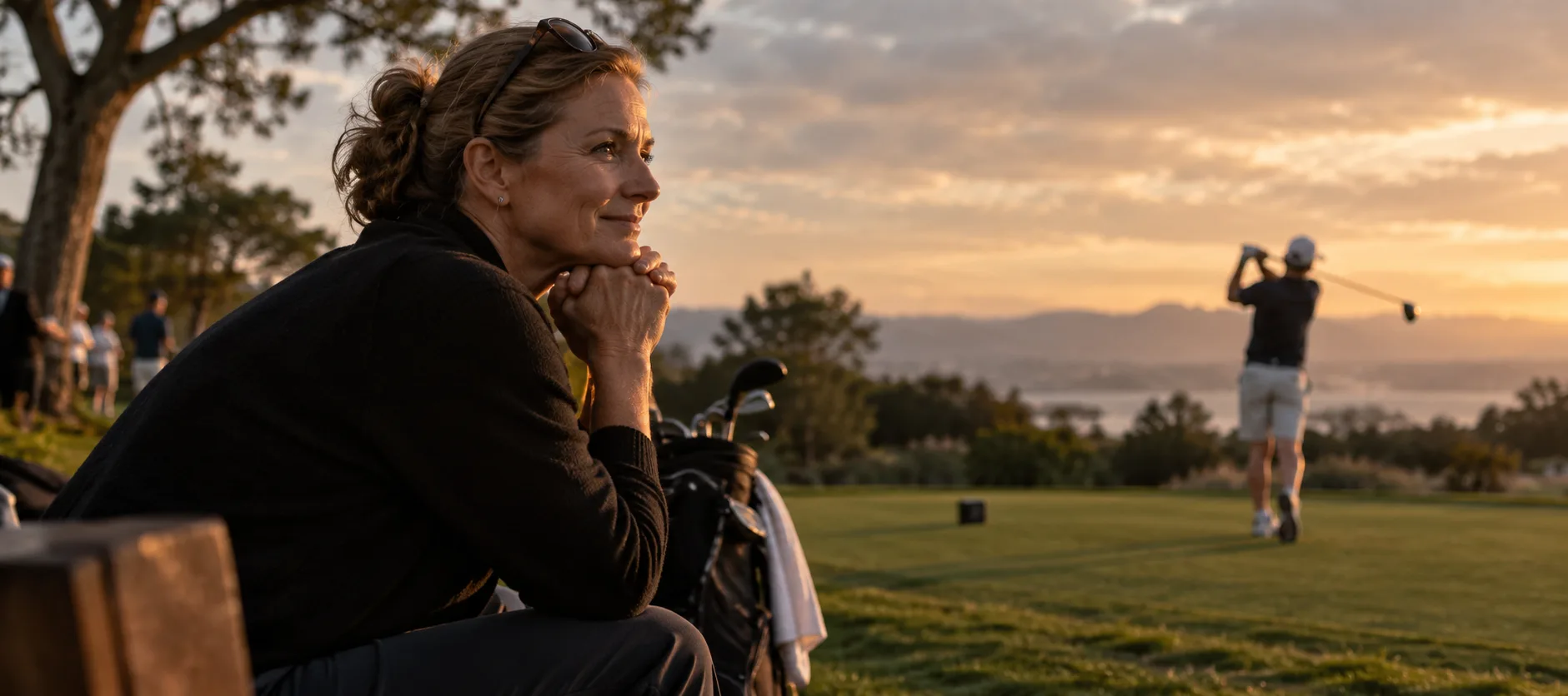 Mother watching her child practice golf at sunset