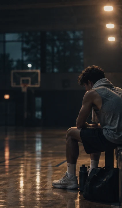 Basketball player sitting alone on a gym bench before a game